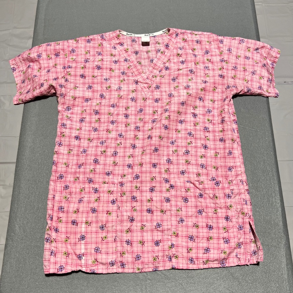 Scrub Beez Vintage Pink Plaid Floral V-Neck Scrub Top Small Made in USA